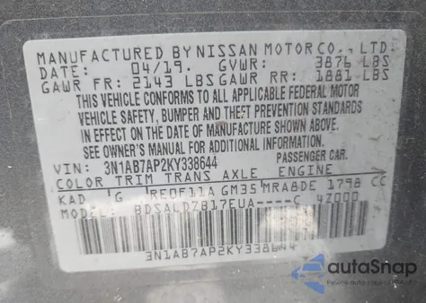 2019 Nissan Sentra Sv from USA, damaged, VIN 3N1AB7AP2KY338644